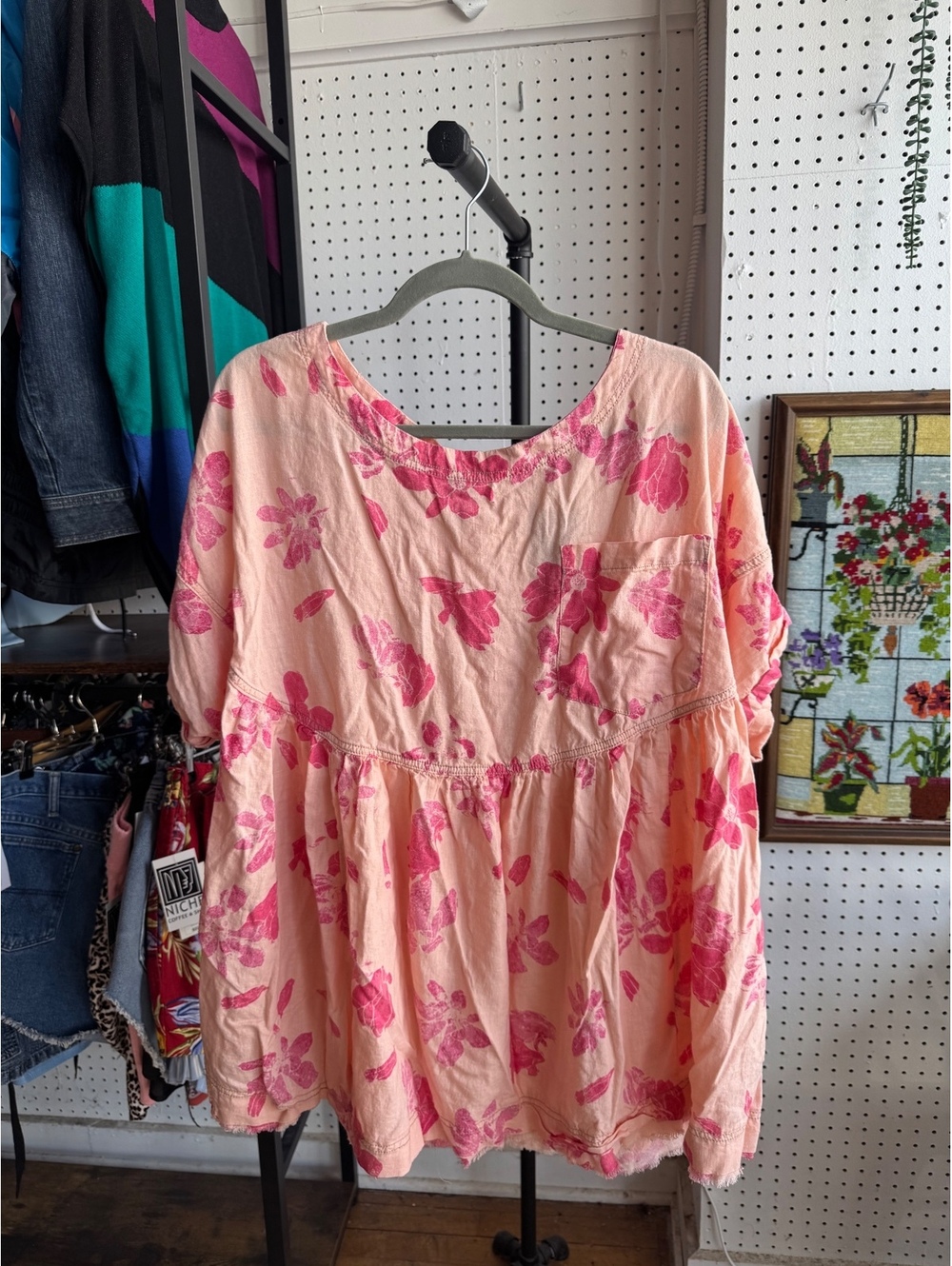 We The Free Large Pink Floral Linen Blend Blouse
